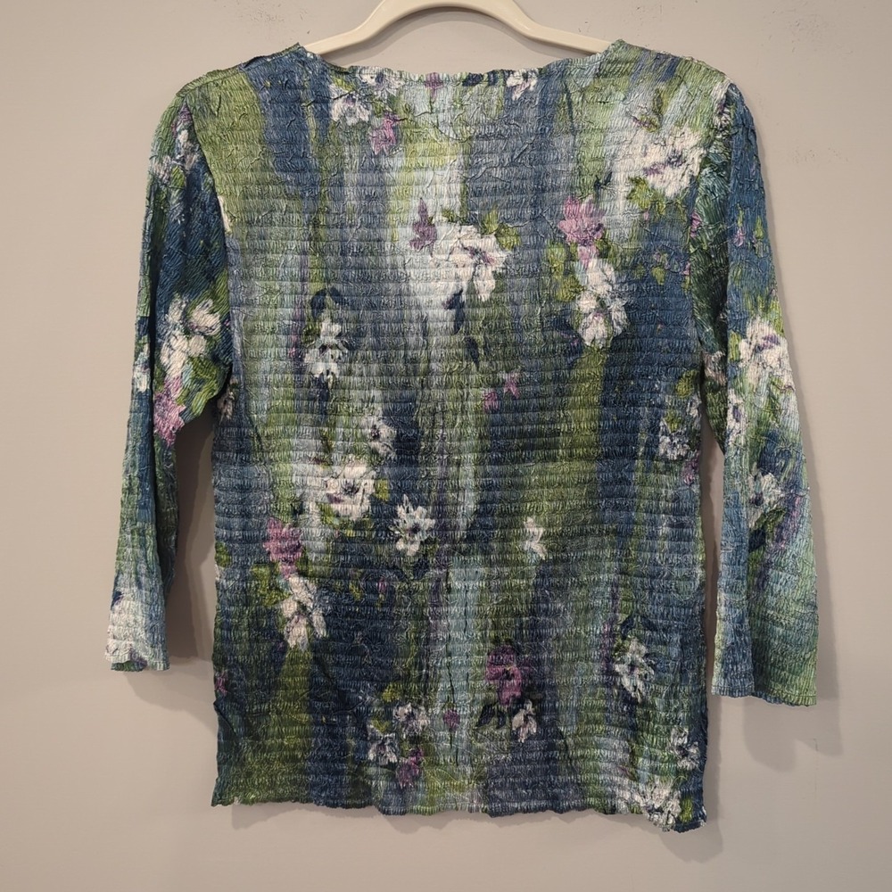 Y2K Crinkle Sequin Top Green Blue 3/4 Sleeve Blouse‎ L image 5